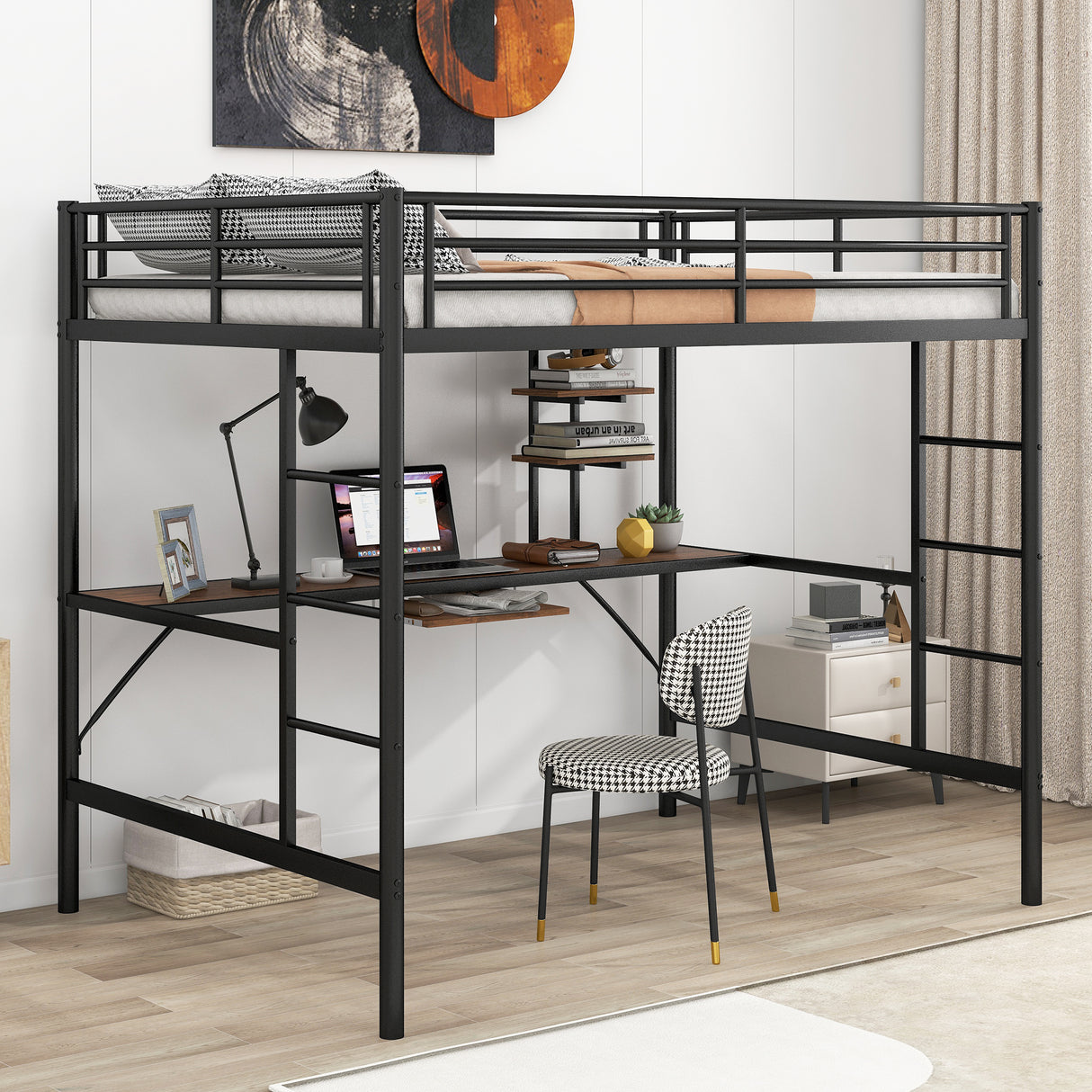 Loft Bed with Desk and Shelf , Space Saving Design,Full,Black (OLD SKU:MF285665AAB) - Home Elegance USA