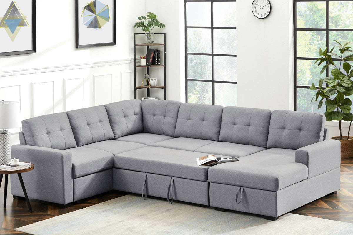 Selene Light Gray Linen Fabric Sleeper Sectional Sofa with Storage Chaise - Home Elegance USA