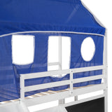 Twin over Twin House Bunk Bed with Blue Tent, Slide, Shelves and Blackboard, White - Home Elegance USA