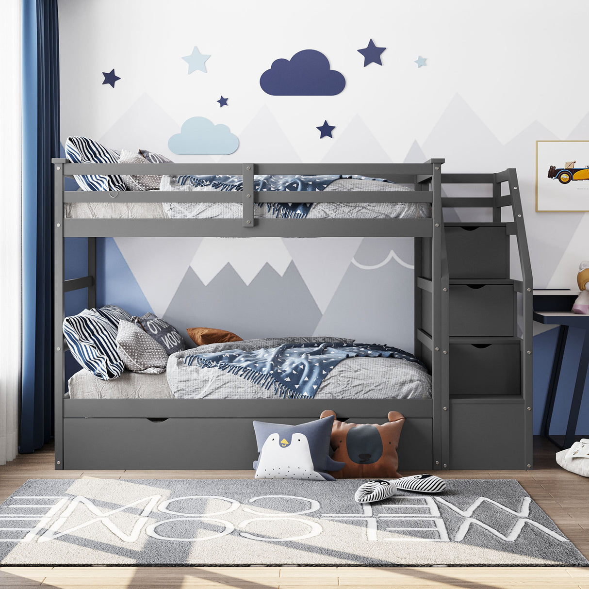 Twin-Over-Twin Bunk Bed with Twin Size Trundle and 3 Storage Stairs,Gray (OLD SKU :LP000064AAE) - Home Elegance USA