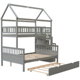 Twin over Full Size House Bunk Bed with Storage Staircase and Trundle,Full-Length Guardrail,Gray - Home Elegance USA