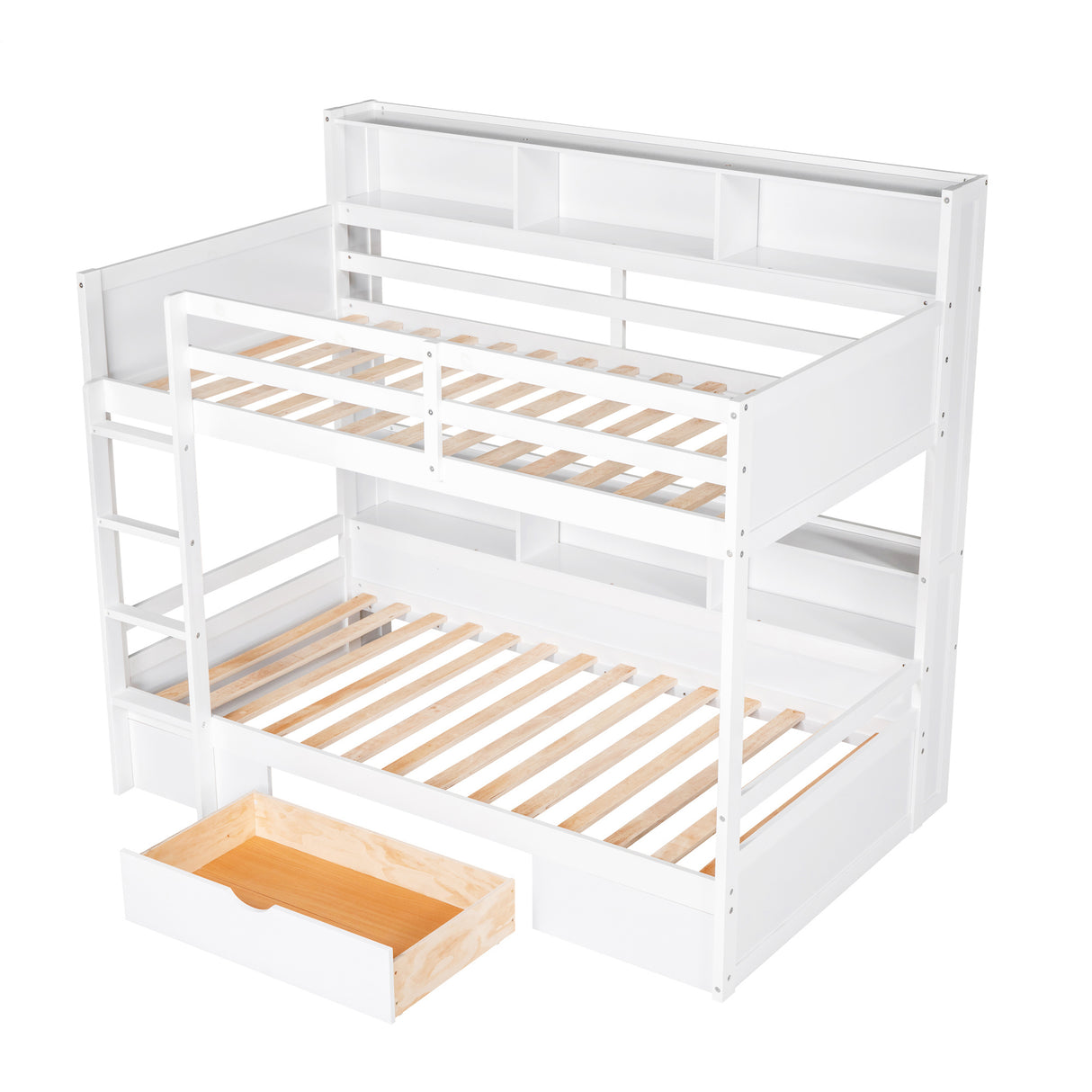 Twin Size Bunk Bed with Built-in Shelves Beside both Upper and Down Bed and Storage Drawer,White - Home Elegance USA