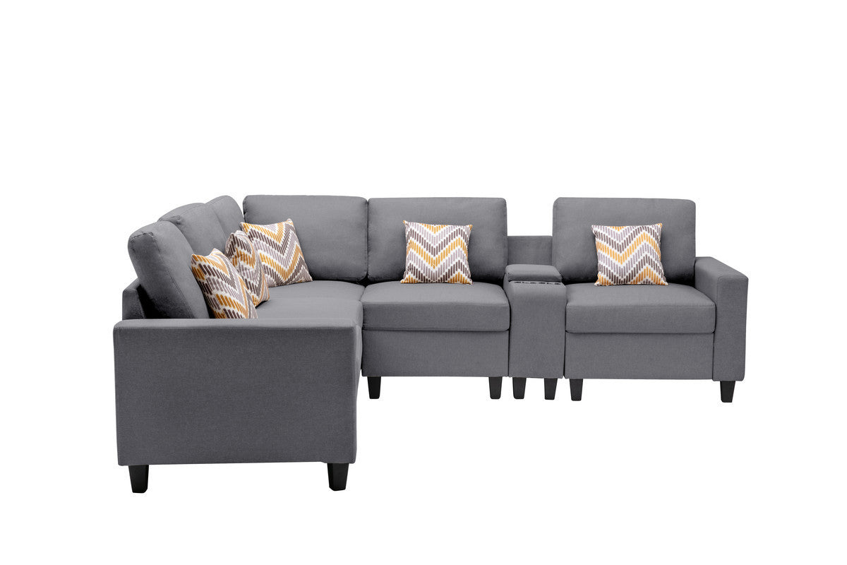 Nolan Gray Linen Fabric 6Pc Reversible Sectional Sofa with a USB, Charging Ports, Cupholders, Storage Console Table and Pillows and Interchangeable Legs - Home Elegance USA