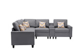 Nolan Gray Linen Fabric 6Pc Reversible Sectional Sofa with a USB, Charging Ports, Cupholders, Storage Console Table and Pillows and Interchangeable Legs - Home Elegance USA