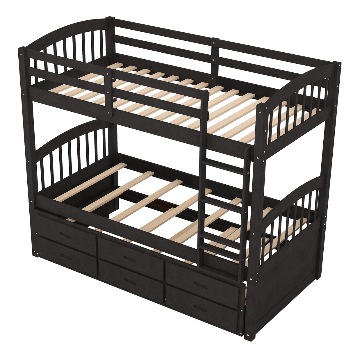 Twin over Twin Wood Bunk Bed with Trundle and Drawers, Espresso - Home Elegance USA