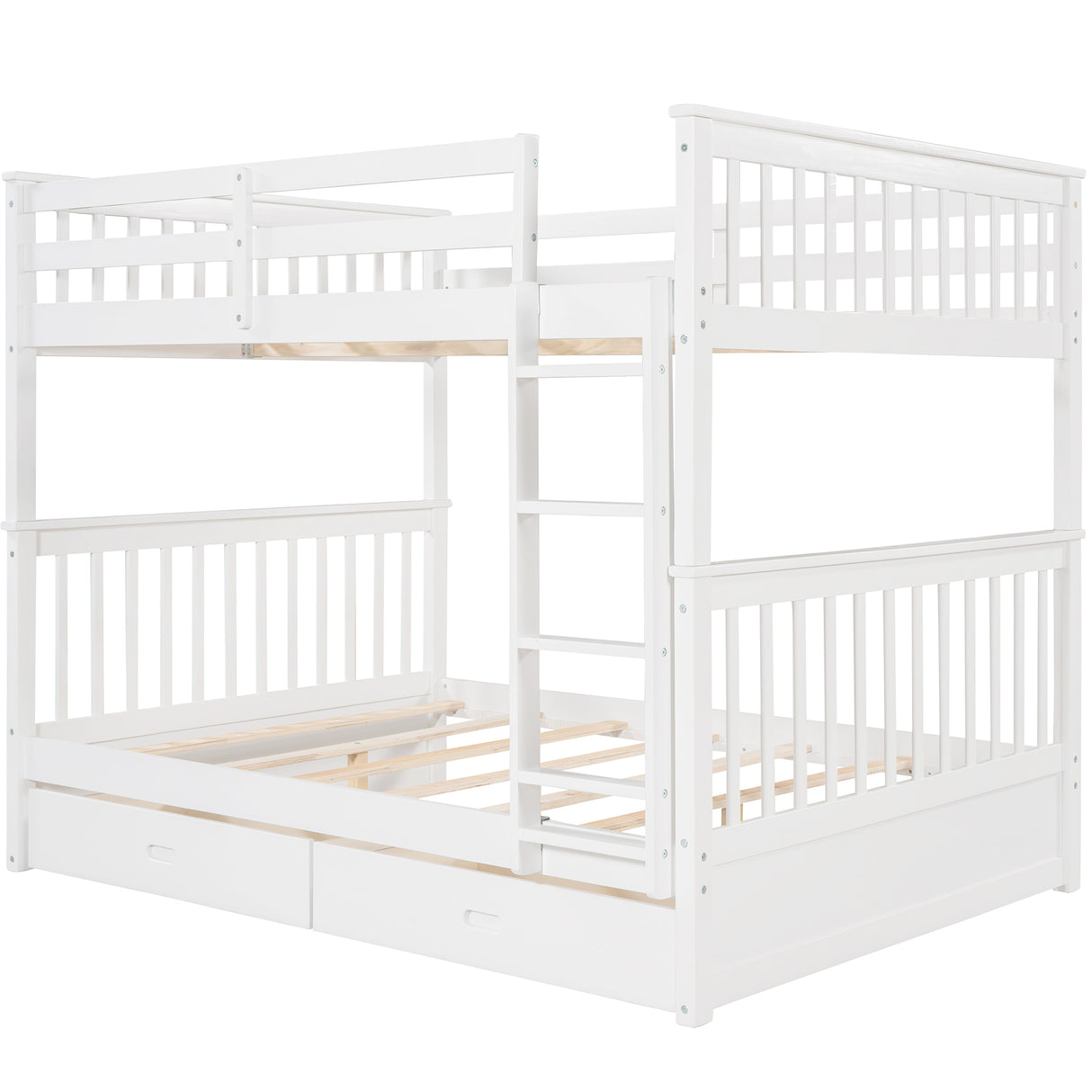 Full-Over-Full Bunk Bed with Ladders and Two Storage Drawers (White) - Home Elegance USA