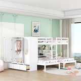 Full-Over-Twin-Twin Bunk Bed with Shelves, Wardrobe and Mirror, White - Home Elegance USA