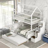 Twin over Full Size House Bunk Bed with Storage Staircase and Trundle,Full-Length Guardrail,White - Home Elegance USA