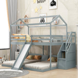 Full over Twin & Twin Bunk Bed,with Slide and Storage Staircase,Built-in Drawer and Shelf,Gray - Home Elegance USA