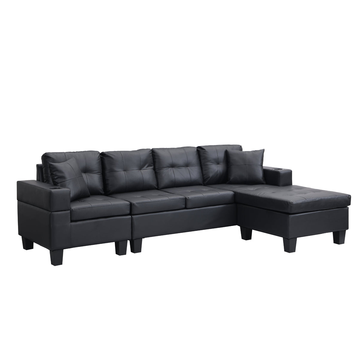 Sectional Sofa Set for Living Room with L Shape  Chaise Lounge ,cup holder and  Left or Right Hand Chaise  Modern 4 Seat (BLACK) - Home Elegance USA