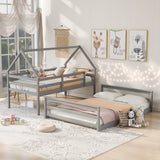 Twin over Full House Bunk Bed with Built-in Ladder,Gray - Home Elegance USA