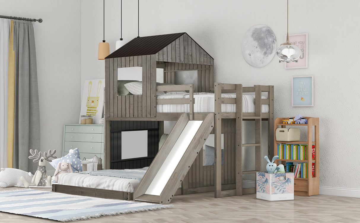 Wooden Twin Over Full Bunk Bed, Loft Bed with Playhouse, Farmhouse, Ladder, Slide and Guardrails, Antique Gray(OLD SKU :LT000028AAE) Home Elegance USA