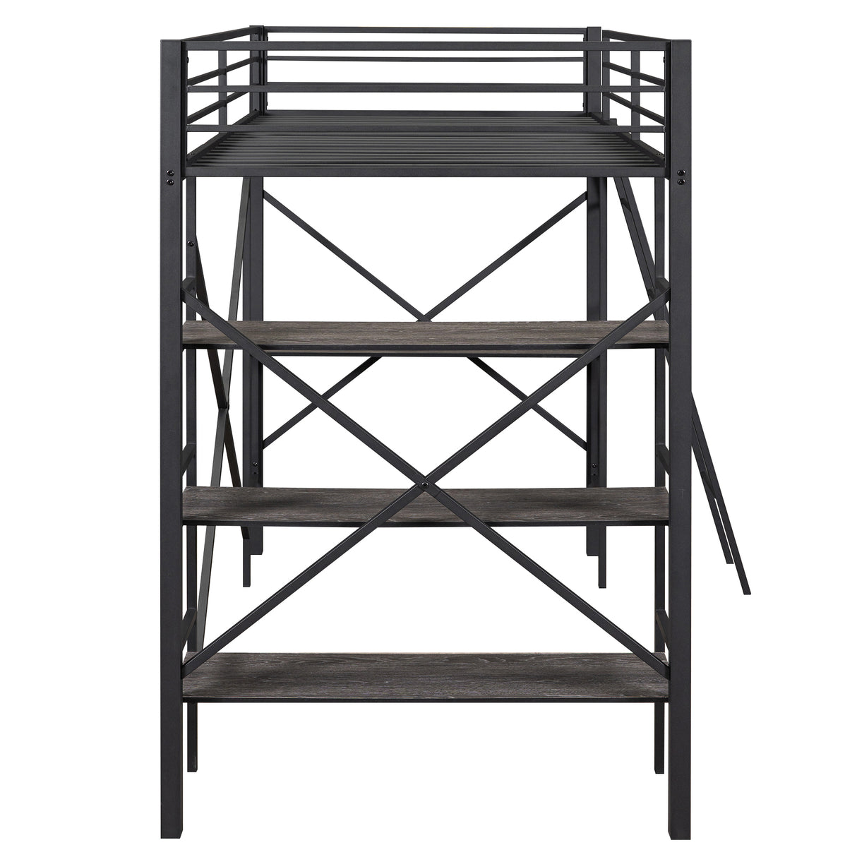 Twin Size Metal Loft Bed with Shelves and Desk, Black (Old SKU:SM001102AAB) - Home Elegance USA