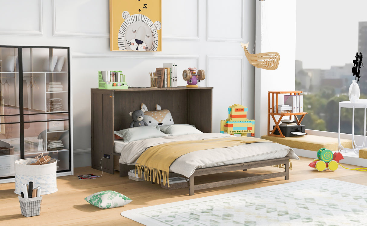Queen Size Murphy Bed with Built-In Charging Station, Antique Grey(Expected Arrival Time: 8.9) - Home Elegance USA