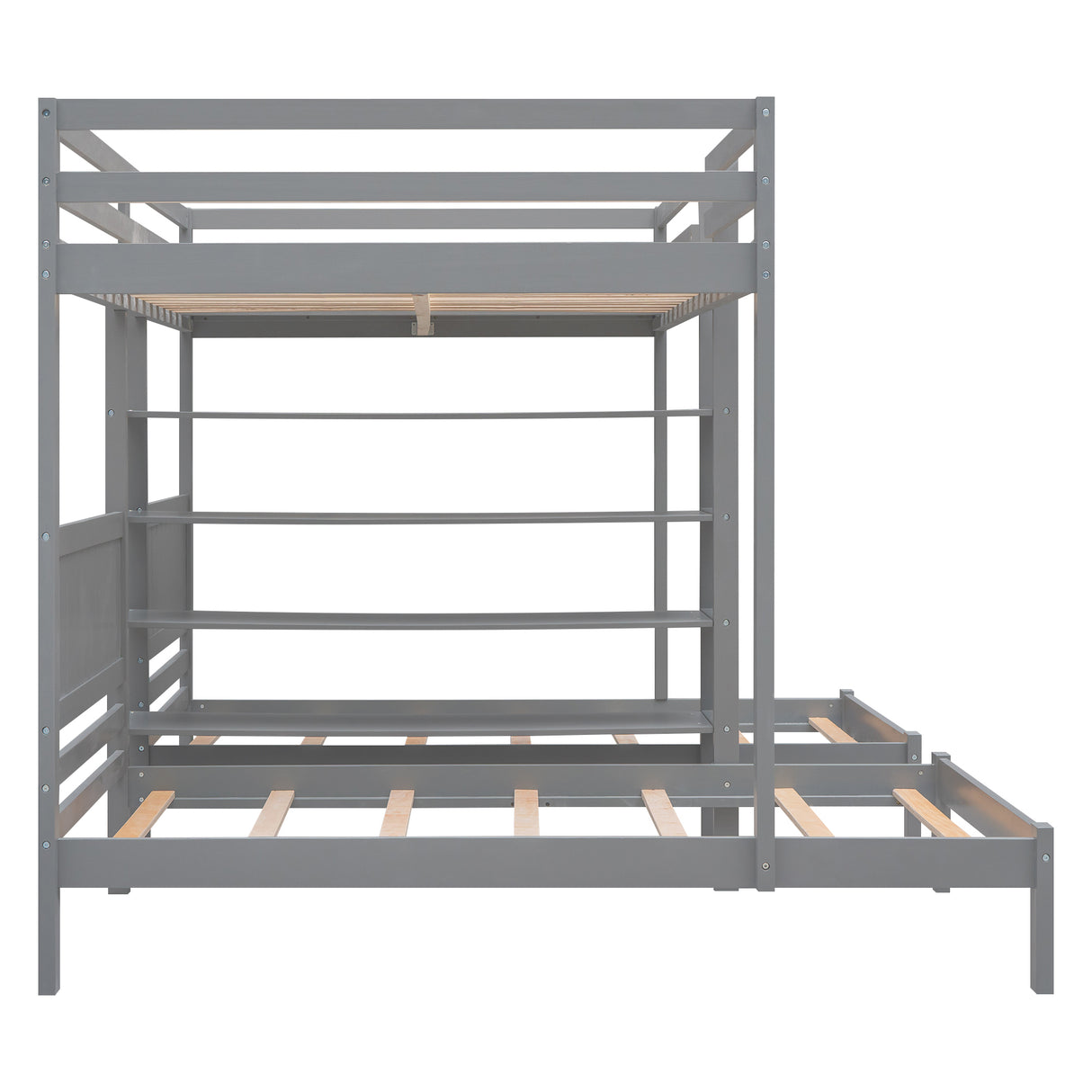 Full XL over Twin&Twin Bunk Bed with Built-in Four Shelves and Ladder,Gray - Home Elegance USA