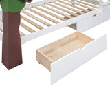 Twin-Over-Twin Bunk Bed with  a Tree Decor and Two Storage Drawers, White - Home Elegance USA