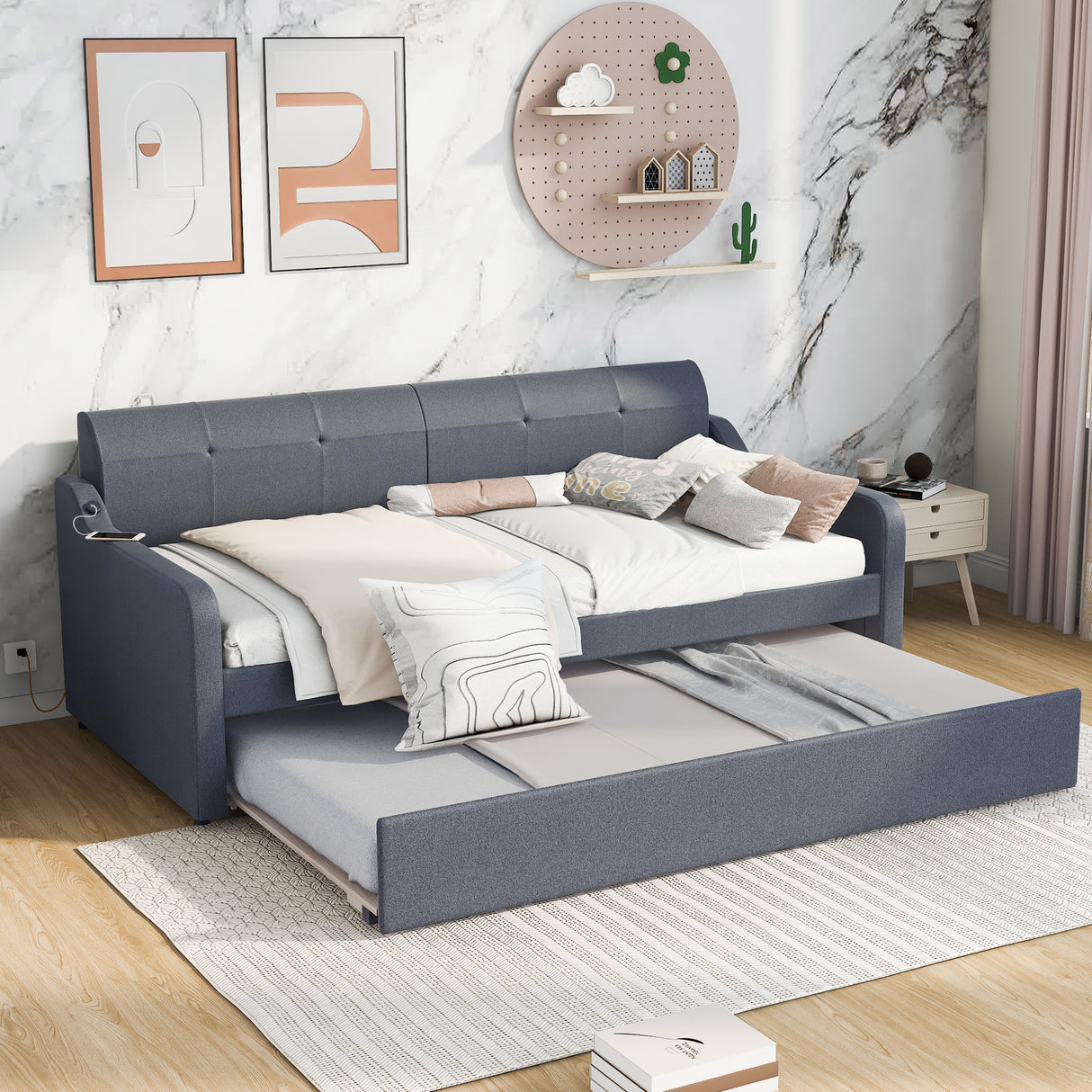 Twin Size Upholstery DayBed with Trundle and USB Charging Design,Trundle can be flat or erected,Gray - Home Elegance USA