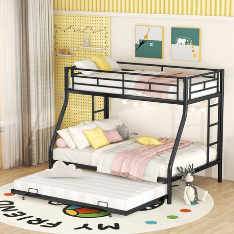 Twin over Full Bed with Sturdy Steel Frame, Bunk Bed with Twin Size Trundle, Two-Side Ladders, Black - Home Elegance USA