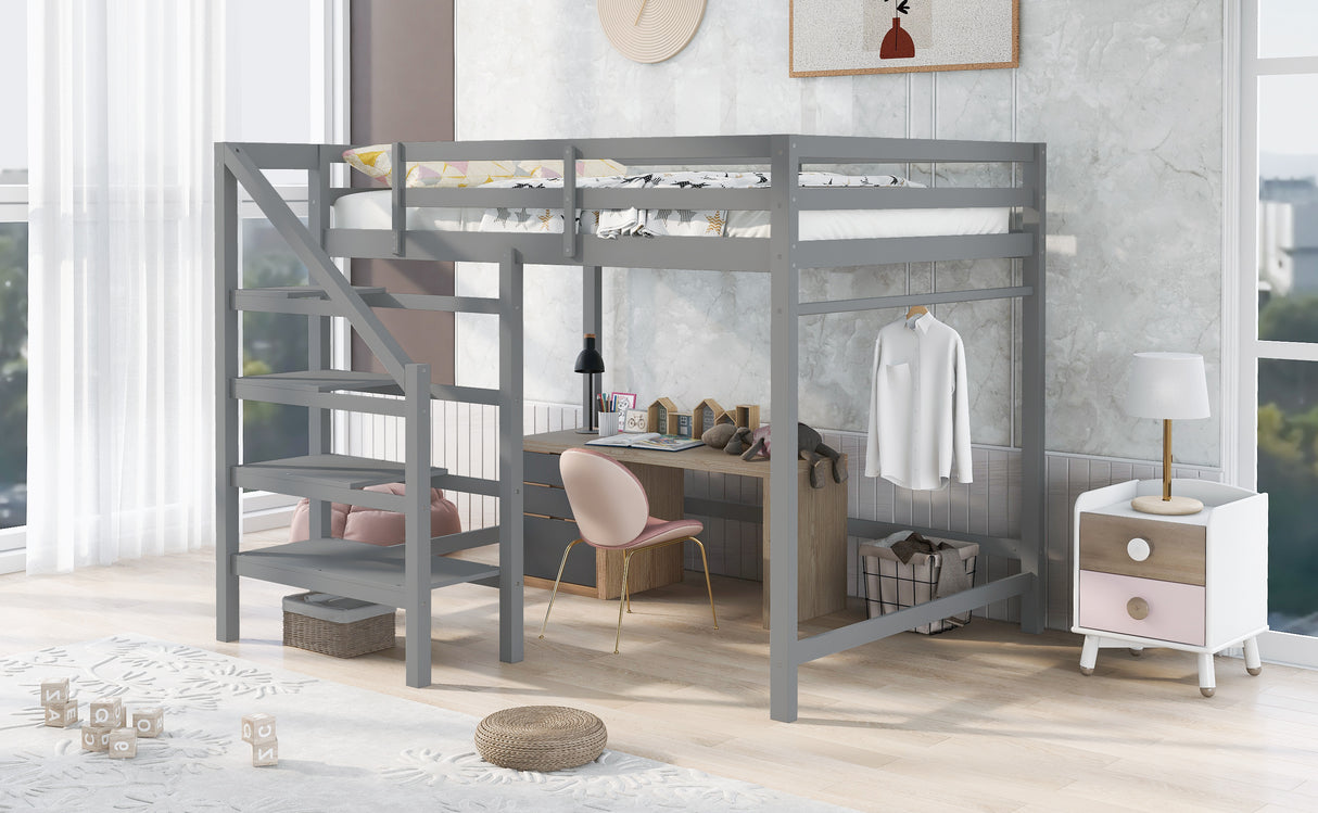 Full Size Loft Bed with Built-in Storage Staircase and Hanger for Clothes,Gray - Home Elegance USA