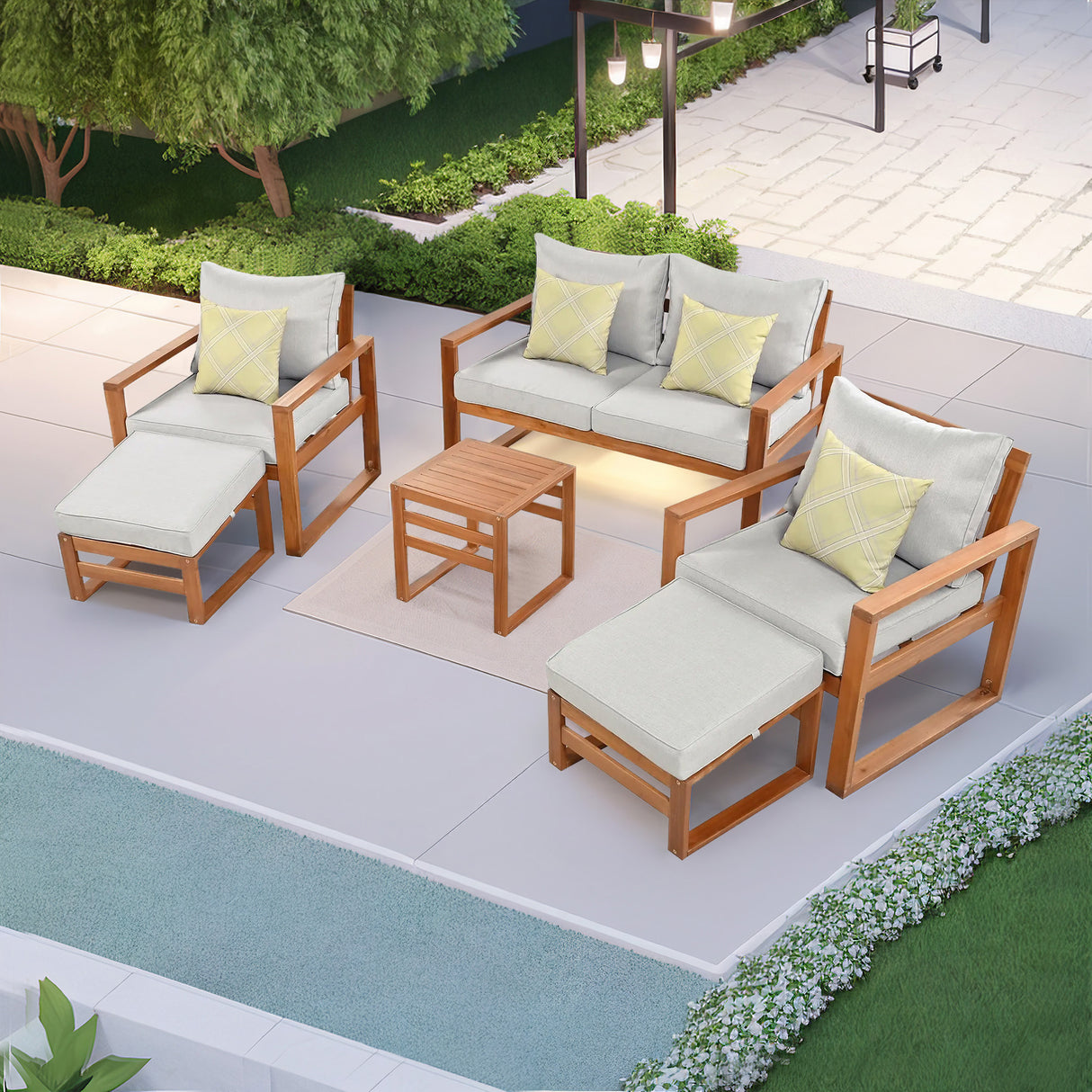 TOPMAX Outdoor Patio Wood 6-Piece Conversation Set, Sectional Garden Seating Groups Chat Set with Ottomans and Cushions for Backyard, Poolside, Balcony, Grey - Home Elegance USA
