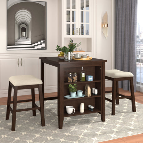 TOPMAX 3 Piece Dining Table with Padded Stools, Table Set with Storage Shelf,Brown - Home Elegance USA