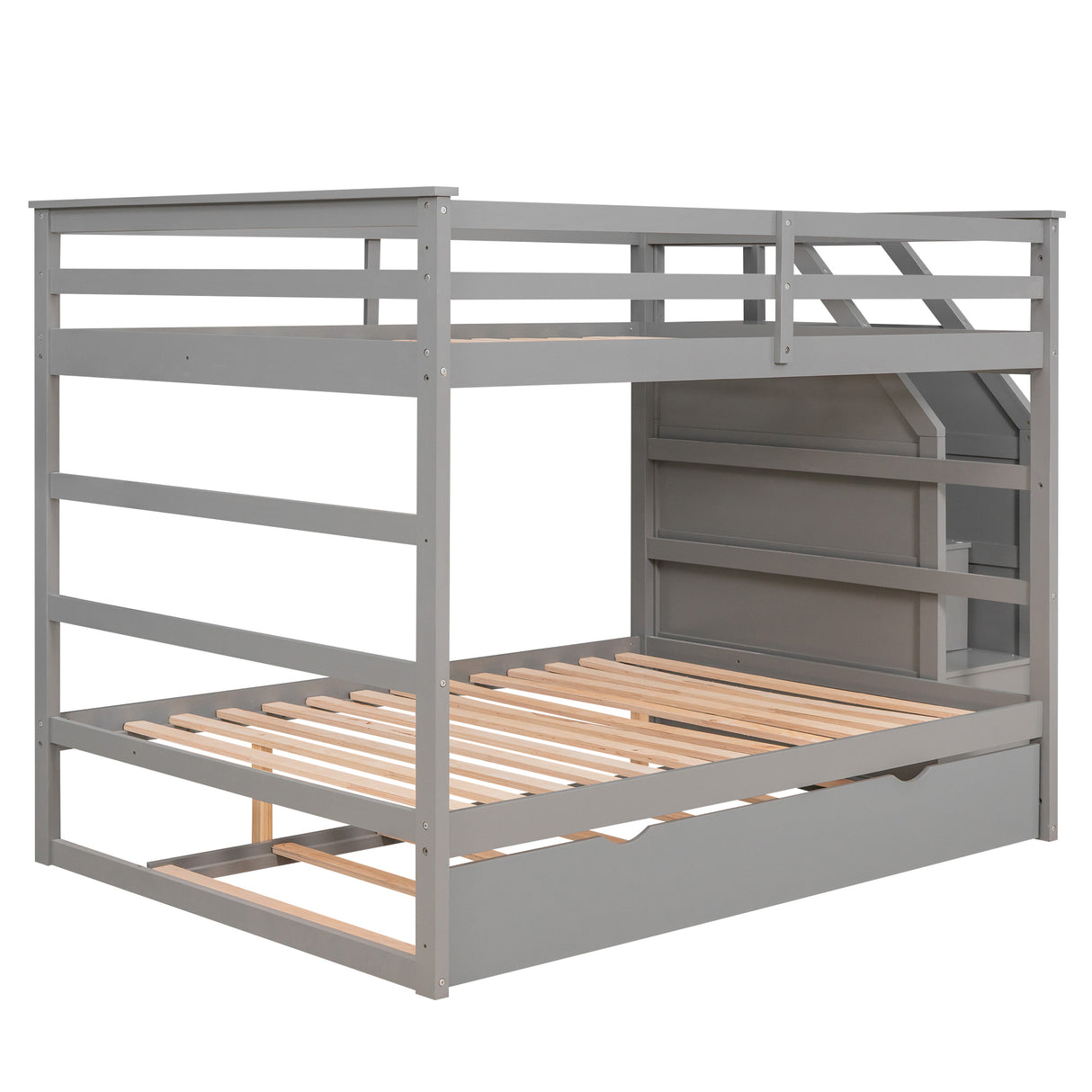 Full-over-Full Bunk Bed with Twin Size Trundle and 3 Storage Stairs,Gray - Home Elegance USA