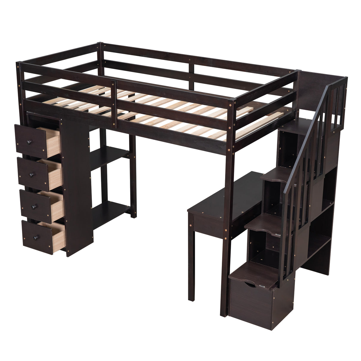 Twin size Loft Bed with Storage Drawers ,Desk and Stairs, Wooden Loft Bed with Shelves - Espresso - Home Elegance USA