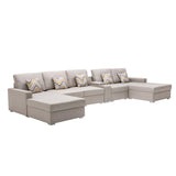 Nolan Beige Linen Fabric 6Pc Double Chaise Sectional Sofa with Interchangeable Legs, a USB, Charging Ports, Cupholders, Storage Console Table and Pillows - Home Elegance USA