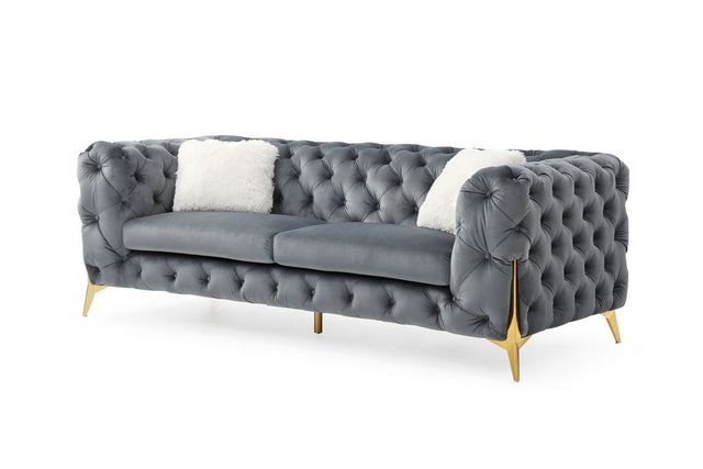 Moderno Tufted Sofa Finished in Velvet Fabric in Gray Home Elegance USA