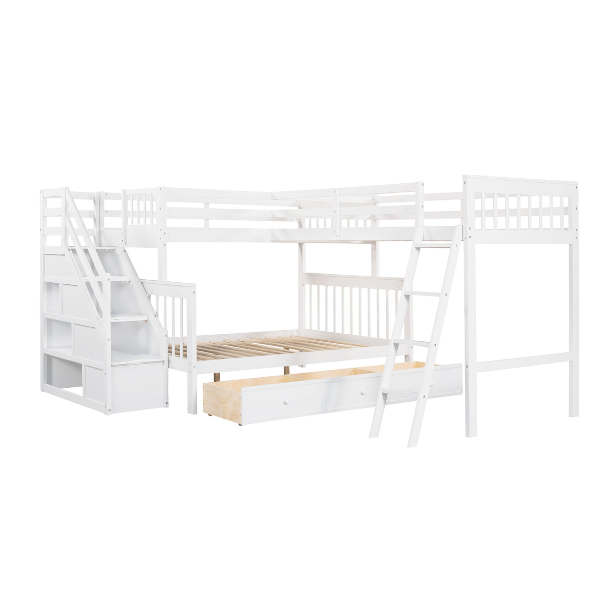 Twin over Full L-Shaped Bunk Bed With 3 Drawers, Ladder and Staircase - White - Home Elegance USA