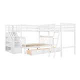Twin over Full L-Shaped Bunk Bed With 3 Drawers, Ladder and Staircase - White - Home Elegance USA