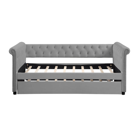 Daybed with Trundle Upholstered Tufted Sofa Bed, with Beautiful Round Armset Design, TWIN SIZE, Grey - W876S00094 - Home Elegance USA - 1