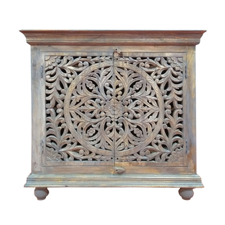 17 Inch Cabinet with 2 Doors and Filigree Cutout Front, Brown - Home Elegance USA