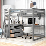 Full Size Loft Bed with Desk and Shelves,Two Built-in Drawers,Gray - Home Elegance USA