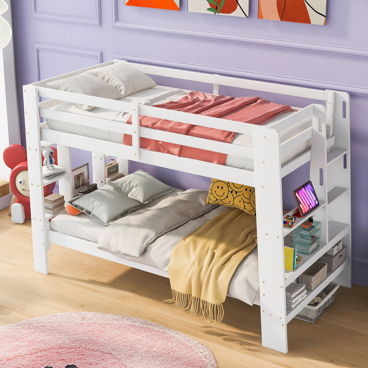 Twin over Twin Bunk Bed with Shelves and Built-in Ladder,  White (Expected Arrival Time:8.10) - Home Elegance USA