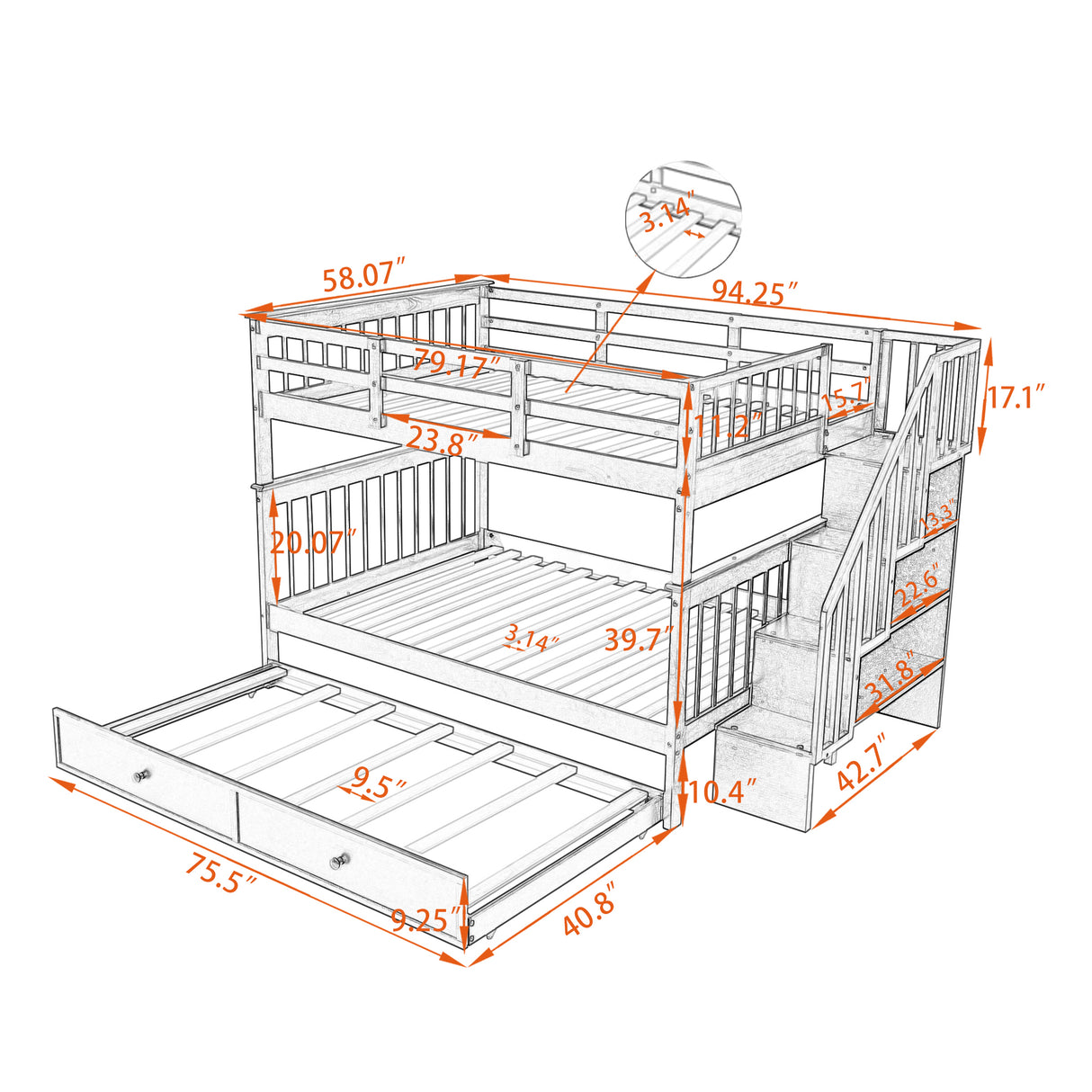 Stairway Full-Over-Full Bunk Bed with Twin size Trundle, Storage and Guard Rail for Bedroom, Dorm - Espresso(OLD SKU :LP001210AAP) - Home Elegance USA