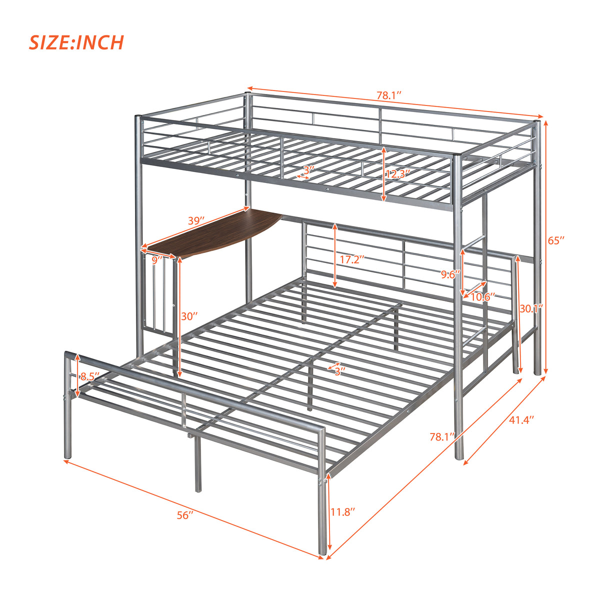 Twin Over Full Metal Bunk Bed with Desk, Ladder and Quality Slats for Bedroom, Metallic Silver（OLD SKU :LP000092AAN） - Home Elegance USA