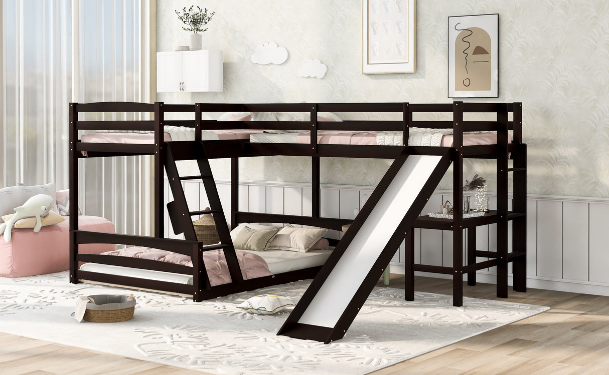 Twin over Full Bunk Bed with Twin Size Loft Bed with Desk and Slide,Full-Length Guardrail, Espresso - Home Elegance USA