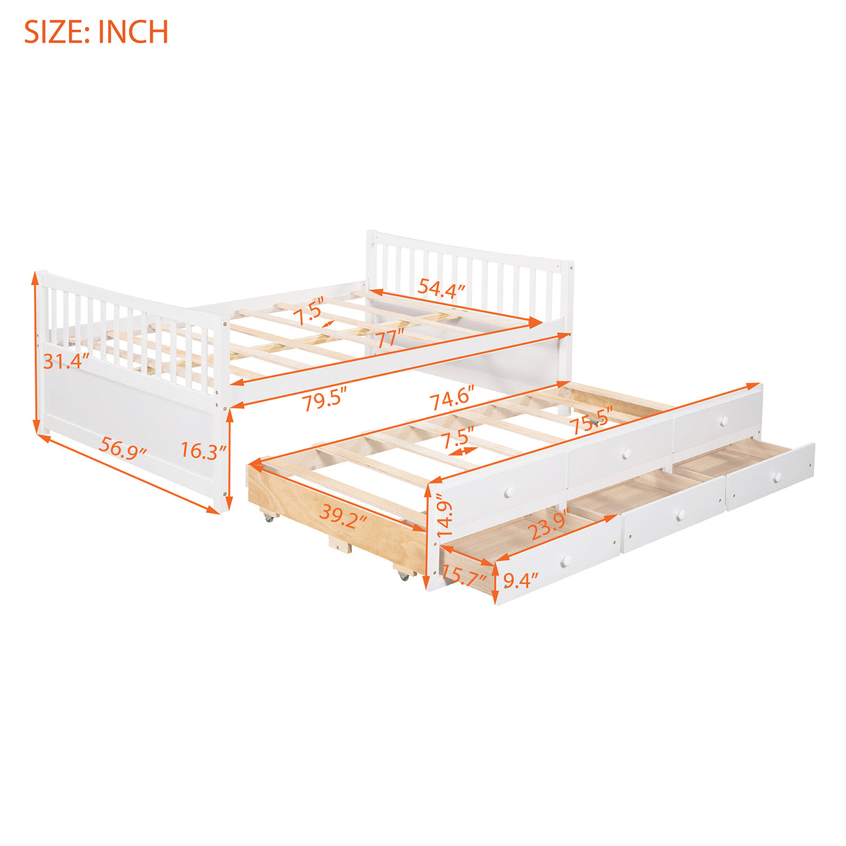 Full size Daybed with Twin size Trundle and Drawers, Full Size, White