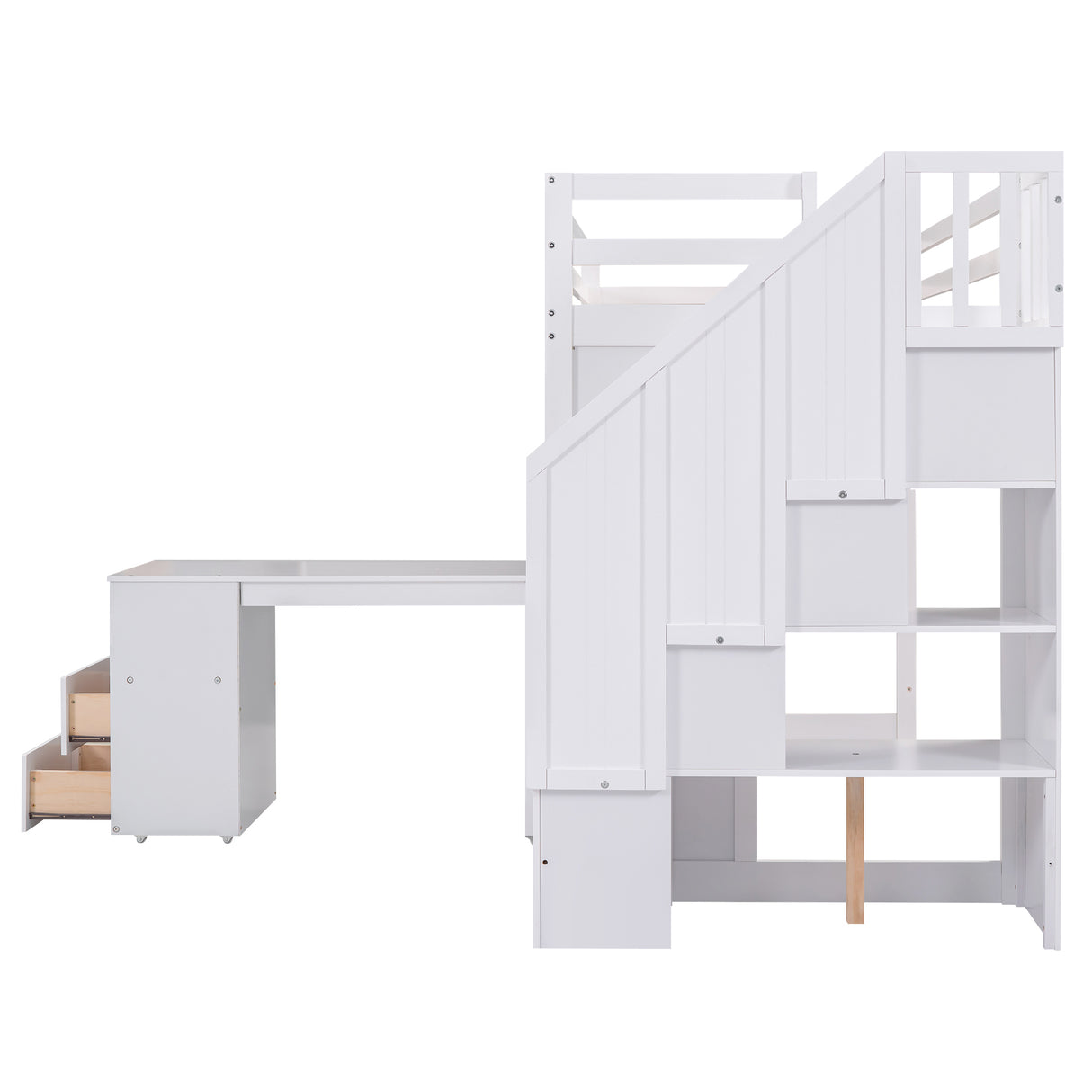 Twin Size Loft Bed with Pullable Desk and Storage Shelves,Staircase and Blackboard,White - Home Elegance USA