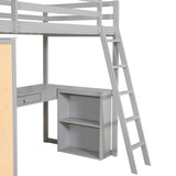 Twin Size Loft Bed with Ladder, Shelves, and Desk, Gray - Home Elegance USA