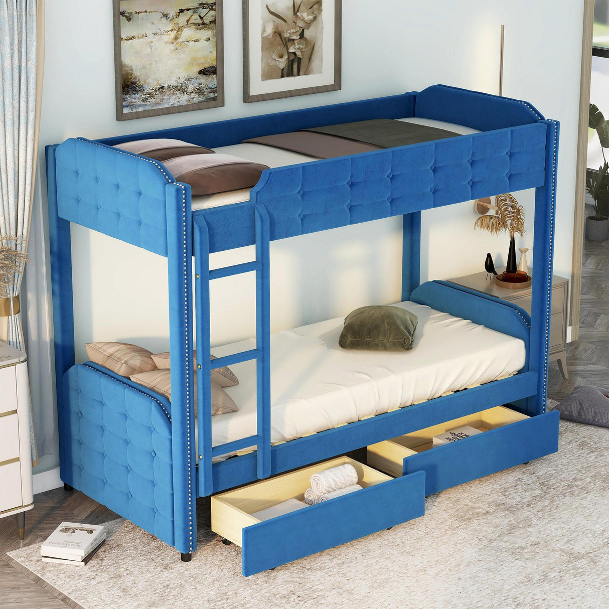 Twin over Twin Upholstered Bunk Bed with Two Drawers, Button-Tufted Headboard and Footboard Design, Blue - Home Elegance USA