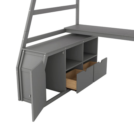 Twin Size Loft Bed with with 7 Drawers 2 Shelves and Desk - Gray