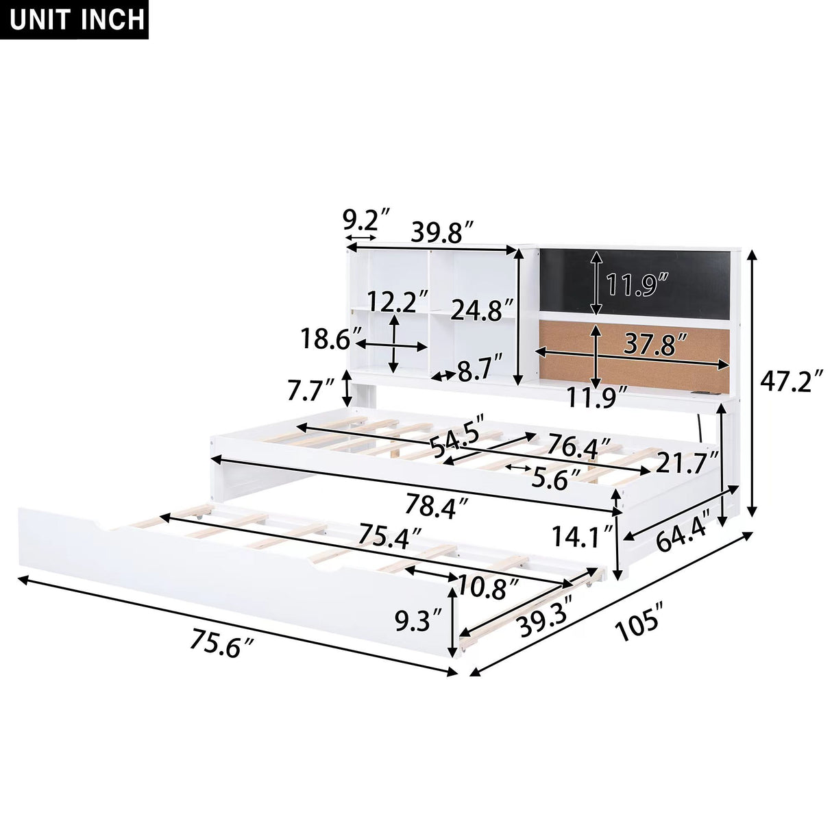 Full Size Daybed with Storage Shelves, Blackboard, Cork board, USB Ports and Twin Size Trundle, White(Expected Arrival Time: 8.2) - Home Elegance USA