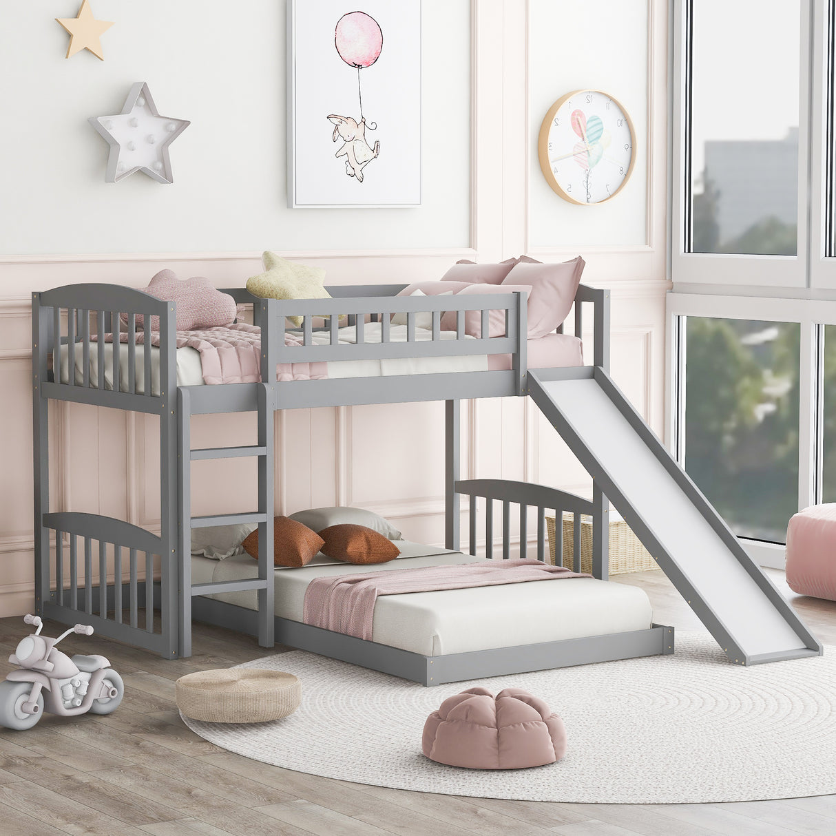 Twin Over Twin Bunk Bed with Slide and Ladder, Gray(OLD SKU :LP000514AAE) - Home Elegance USA