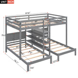 Full XL over Twin&Twin Bunk Bed with Built-in Four Shelves and Ladder,Gray - Home Elegance USA