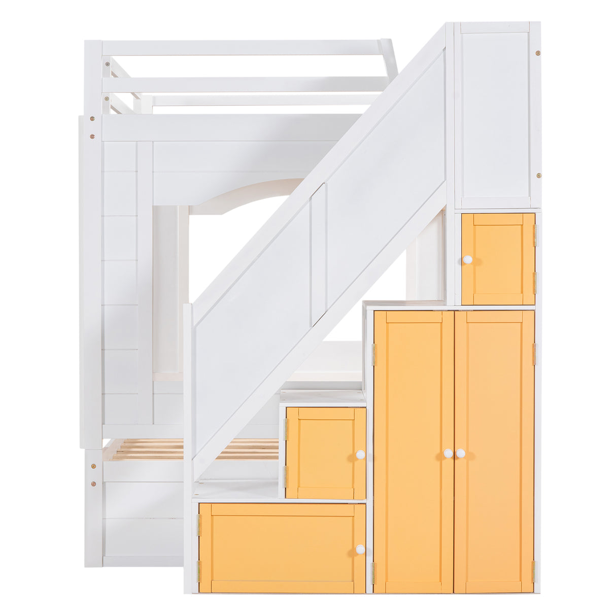 Full Over Full Bunk Bed with Trundle ,Stairs,Ladders Solid Wood Bunk bed with Storage Cabinet （White + Yellow） - Home Elegance USA