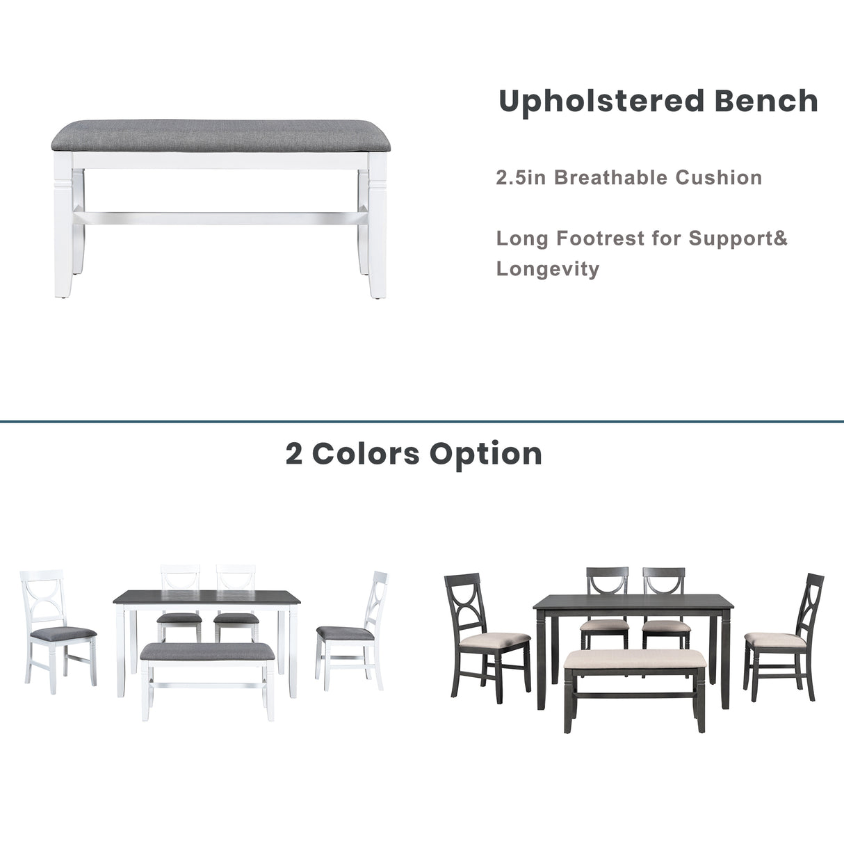 TOPMAX 6-Piece Wood Dining Table Set Kitchen Table Set with Upholstered Bench and 4 Dining Chairs, Farmhouse Style,Gray+White - Home Elegance USA