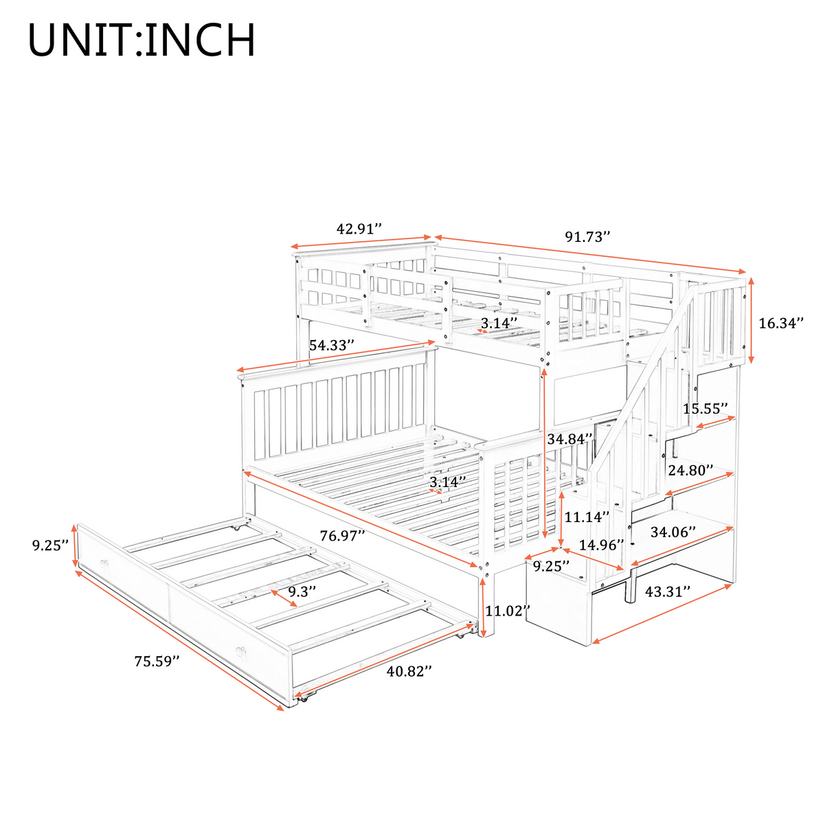 Stairway Twin-Over-Full Bunk Bed with Twin size Trundle, Storage and Guard Rail for Bedroom, Dorm, for Adults, White(OLD SKU :LP000119AAK) - Home Elegance USA