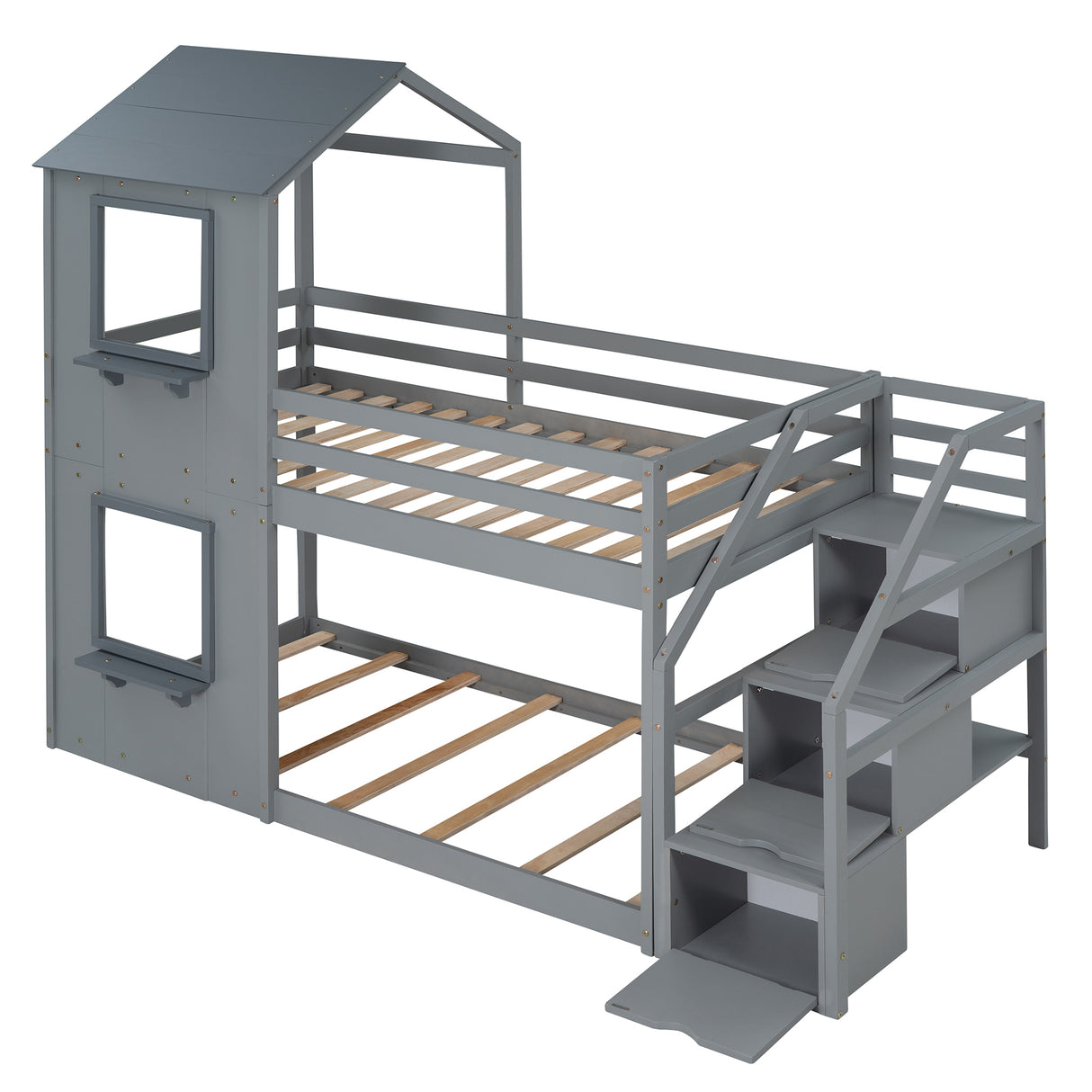 Twin Over Twin Bunk Bed with Storage Stairs,Wood Bed with Roof, Window, Guardrail, Ladder，Gray